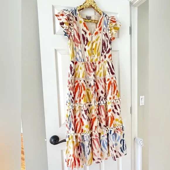 J. Crew Point Sur Womens Tiered Dress Pom Pom Midi Flutter Sleeve Cotton - Picture 2 of 9